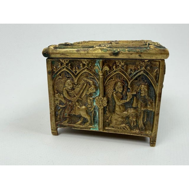 19th Century Antique Gothic Revival Bronze Jewelry Box with Religious Scenes, 1890s For Sale - Image 5 of 12