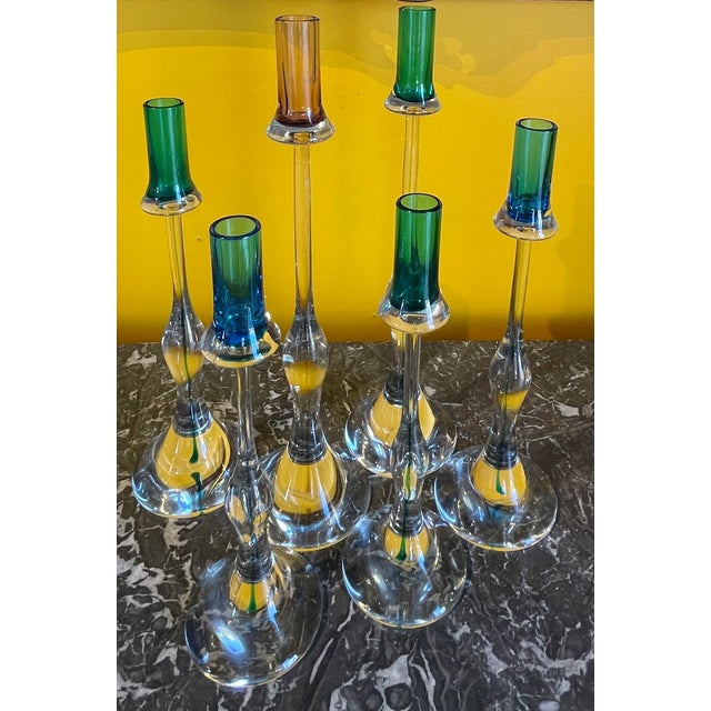 Mid-Century Modern Rare Set of 6 Signed Vintage Gino Cenedese Murano Sommerso Glass Candlesticks For Sale - Image 3 of 15