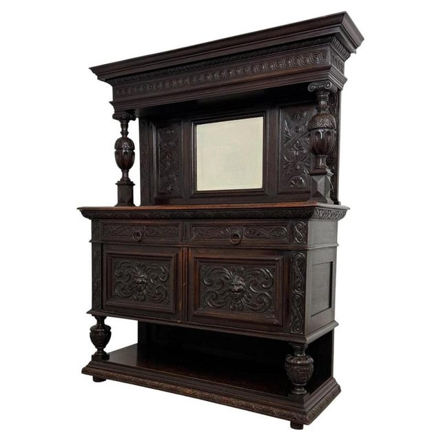 Antique Victorian English Carved Oak Mirror-Back Sideboard For Sale - Image 3 of 13