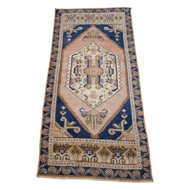 1970s Front of Kitchen Sink Rug, Hand Made Bath Mat Muted Colors Small Rug -1′8″ × 3′8″ For Sale - Image 4 of 13