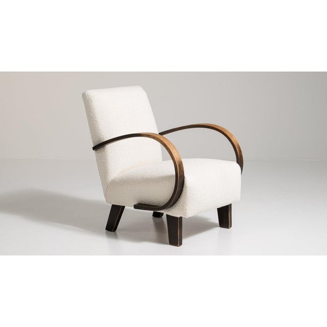 20th Century Czech Republic Warm Ivory Boucle Bentwood-Arm Lounge Chair For Sale - Image 9 of 11