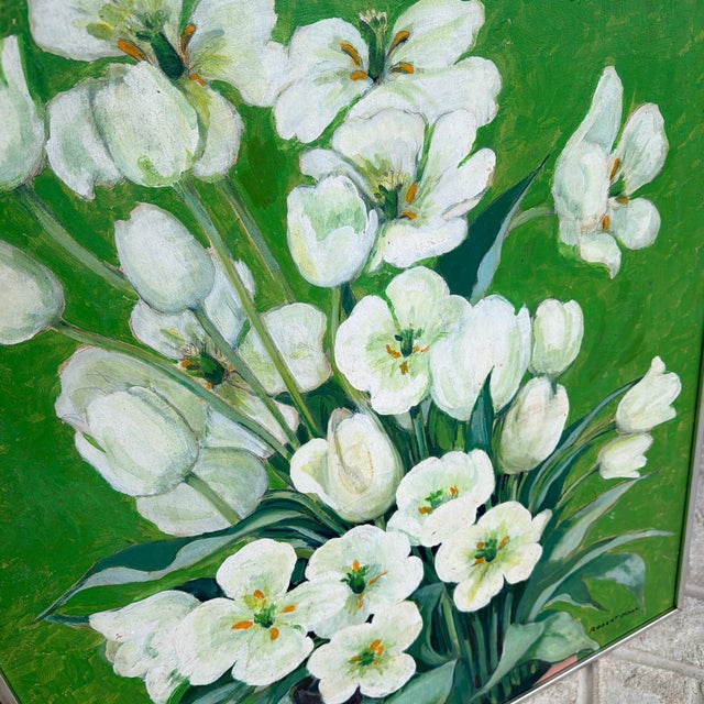 Midcentury Oil on Board Floral Still Life of White Tulips For Sale - Image 11 of 12