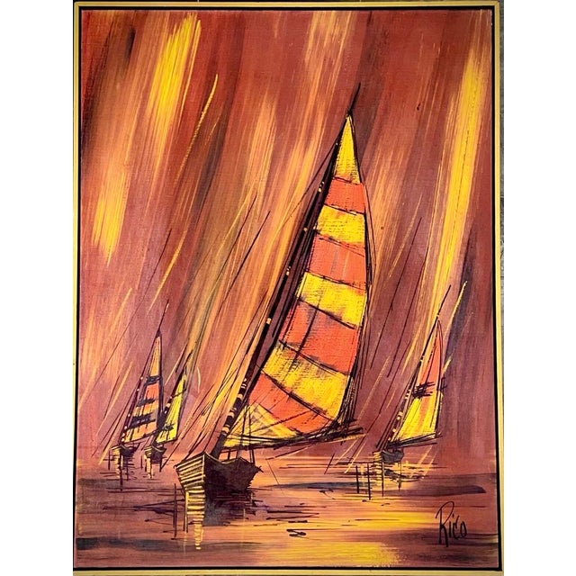 Orange 1970s Vintage Mid Century Modern Fiery Orange Abstract Sunset Sailboats Nautical Oil Painting Framed For Sale - Image 8 of 15