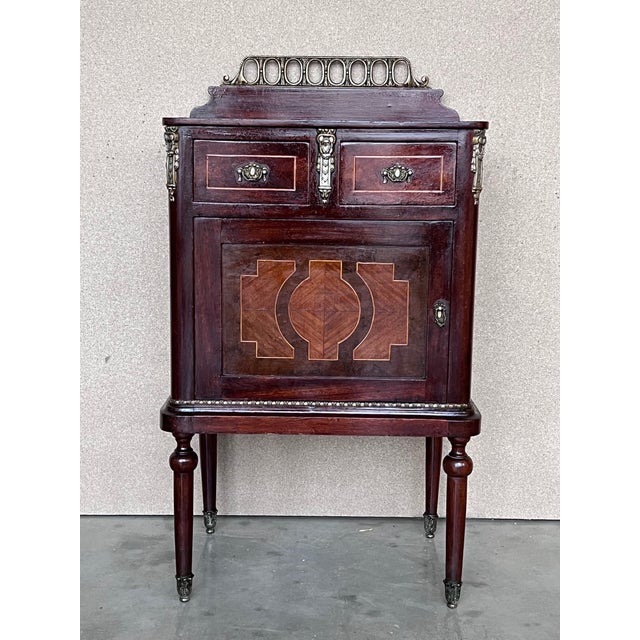 Pair of Italian Marquetry Nightstands With Bronze Crest, Drawers and Doors For Sale - Image 6 of 13