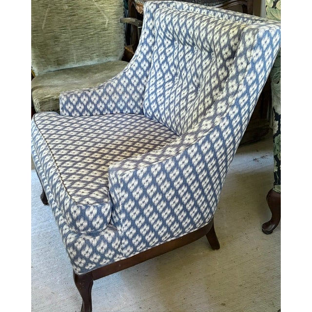 Mid Century Queen Anne Style Modified Wing Back Chair in Ikat Upholstery For Sale - Image 4 of 9