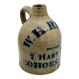 Rare Small 1/2 Gallon Size Antique American Blue Decorated Liquor Merchants Jug From Cohoes New York
