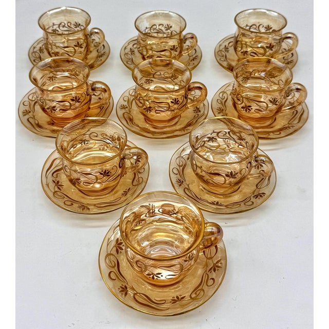 Art Nouveau 9 Art Nouveau Citrine Gilt Enamel Crystal Demitasse Cups & Saucers, Atrib. Moser For Sale - Image 3 of 18