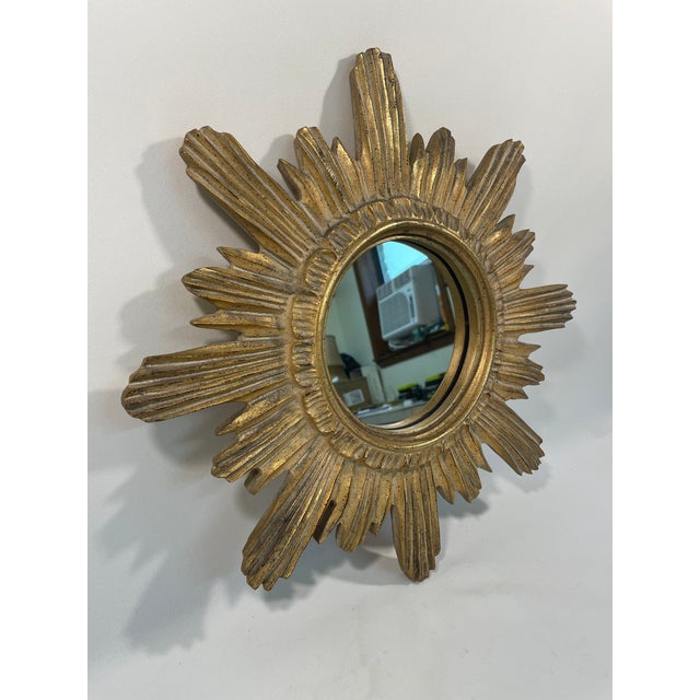 Vintage 16.5" Mid Century Creamy Giltwood Sunburst Wall Mirror For Sale - Image 10 of 16