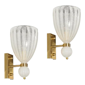 Modernist Hand-Blown Murano Fluted Bullicante Glass Sconces W/ Orbital Drop