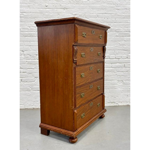 Victorian Antique Danish Pine Chest of Drawers | Carved Details + Brass Hardware, Late 19th Century For Sale - Image 3 of 15