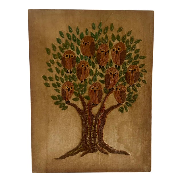 Folk Art Owls Family Tree of Life Embroidery Handmade Vintage Danish Modern For Sale