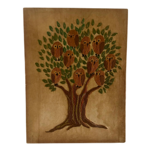Folk Art Owls Family Tree of Life Embroidery Handmade Vintage Danish Modern