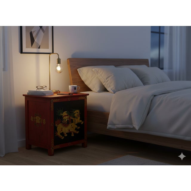 Red Tibetan Oriental Black Red Foo Dogs Lions End Table Nightstand For Sale - Image 8 of 10