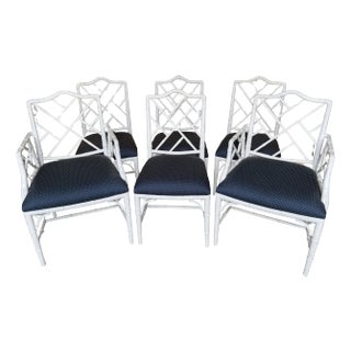Hollywood Regency White Lacquered Faux Bamboo Dinning Room Chairs/ Frames - Set of 6 For Sale