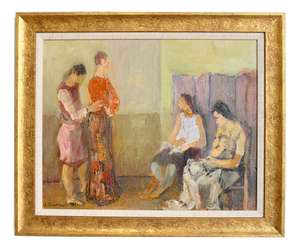 Alberto Chiancone, The Dressmaker's Workshop, 1960s, Oil Painting on Canvas, Framed