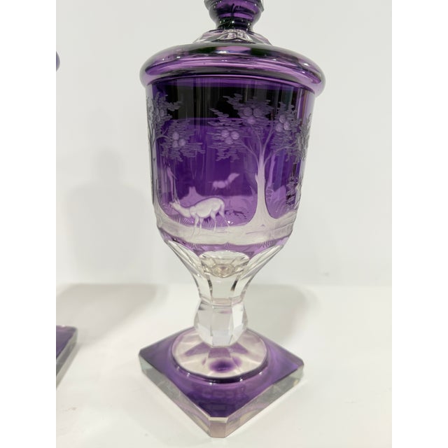 Pr, Bohemian Amethyst Hunting Engraved Glass Covered Urns, Late 19th Century For Sale - Image 10 of 11