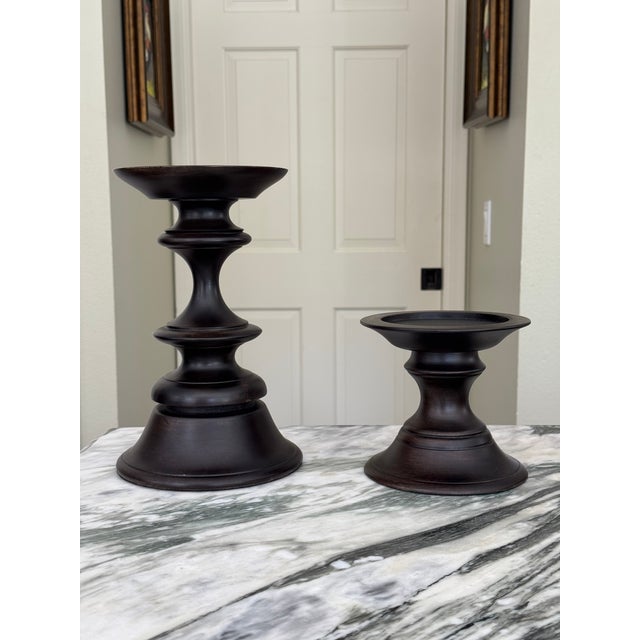 Vintage Pottery Barn Turned Wood Pillar Candle Holders - A Pair For Sale In Seattle - Image 6 of 11
