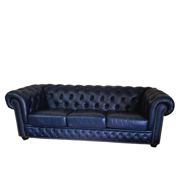 2020s Elevate Your Living Space With These Navy Chesterfield Genuine Leather Sofa and Loveseat Set For Sale - Image 5 of 12