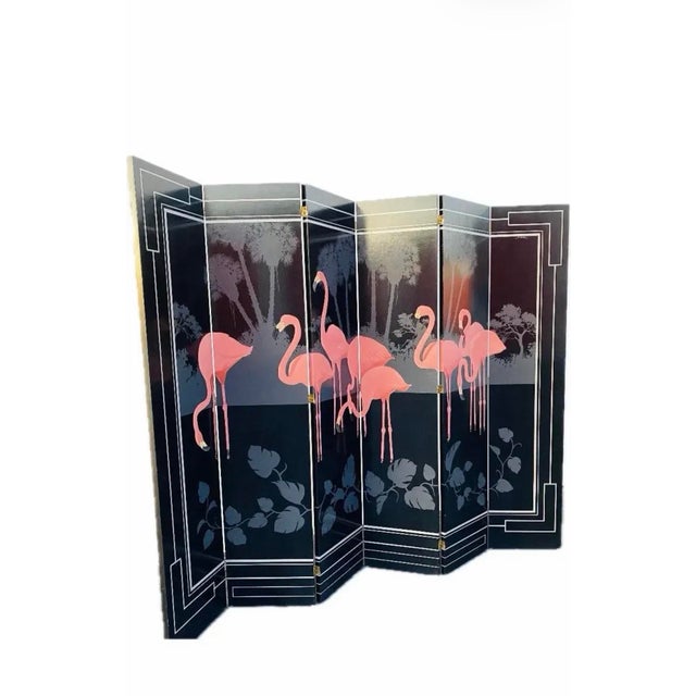 Art Deco 1980s Key West Art Room Divider Hand-Painted 6 Panels Depicting Flamingos by Sal Salinero For Sale - Image 3 of 11