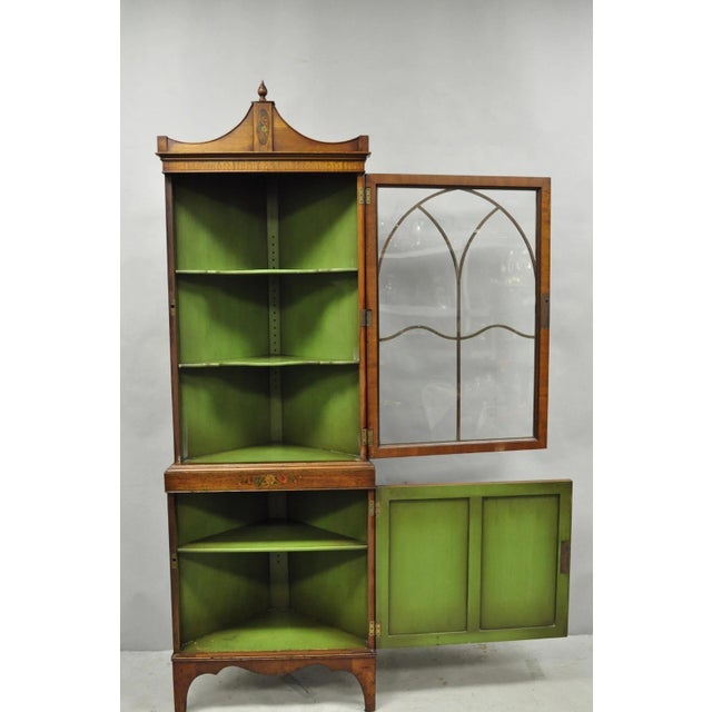 Antique English Adams Style Green Hand Painted Narrow Corner China Cabinet For Sale - Image 14 of 18