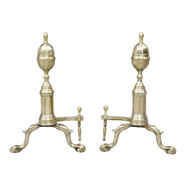 Antique American Brass Andirons, Circa 1820 For Sale