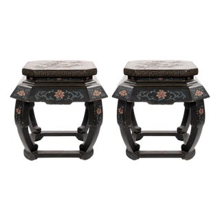 Pair of Chinese Chinoiserie Lacquered & Painted Side Tables, Circa 1970 For Sale