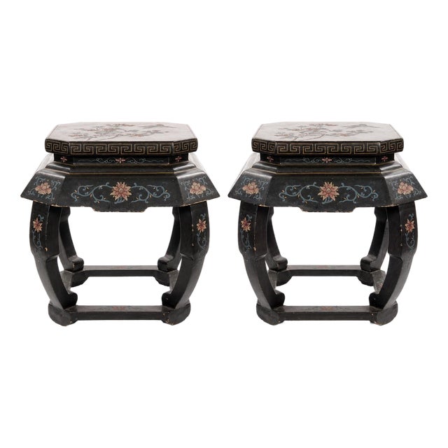 Pair of Chinese Chinoiserie Lacquered & Painted Side Tables, Circa 1970 For Sale