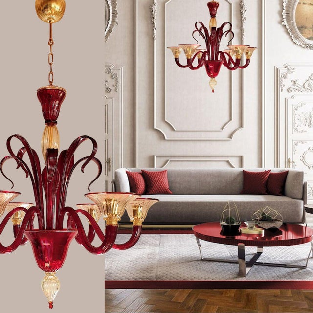 Mid-Century Modern Red, Gold Neoclassical Murano Glass Chandelier 1960s For Sale - Image 3 of 12