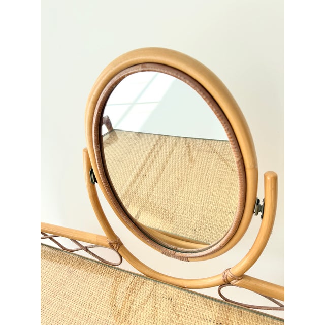 Vintage Glass Top Wicker Bamboo Dressing Table with Mirror by Angraves of Leicester, 1970s For Sale - Image 4 of 14