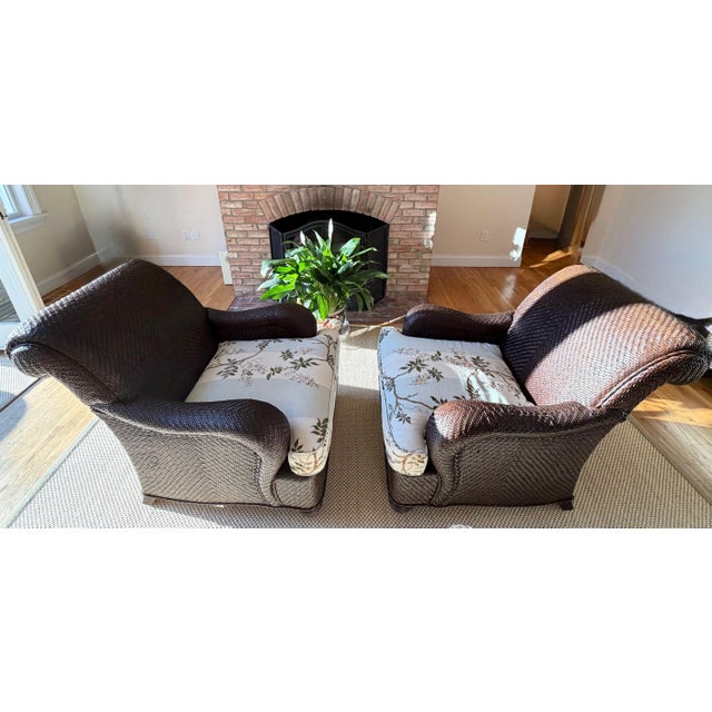 Sky Blue A Pair, Hickory Chair Lounge Chairs and Ottomans by Mark Hampton, Custom Upholstered in Colefax & Fowler For Sale - Image 8 of 18