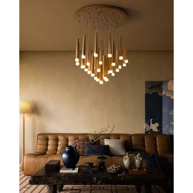 Not Yet Made - Made To Order Oak Wood Cascading Led Chandelier, Modern Multi Light Pendant, Natural Wood Ceiling Light, 16 24 32 Light For Sale - Image 5 of 6