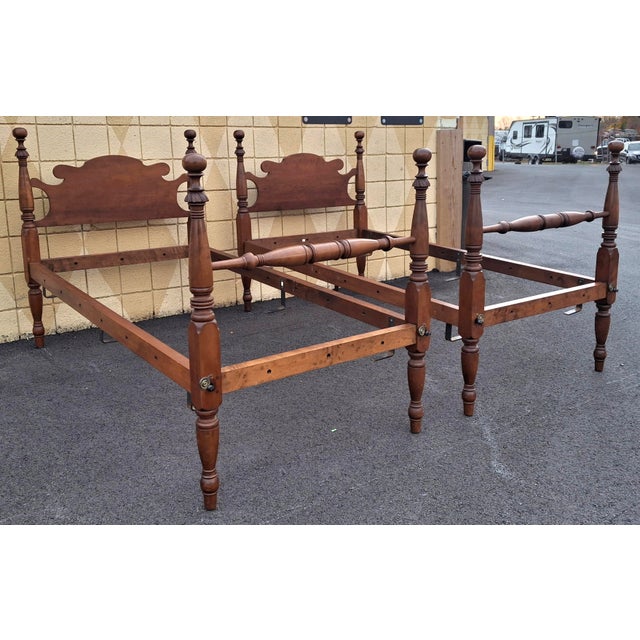 Pair 19th Century Early American Style Walnut Converted Semi-Poster Twin Rope Bedframes For Sale - Image 12 of 13