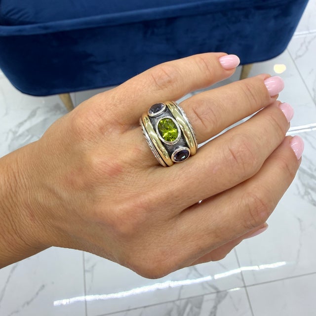 David Yurman 925 Silver 14k Yellow Gold Renaissance 3 Stone Cocktail Ring, Size 6 For Sale - Image 9 of 9