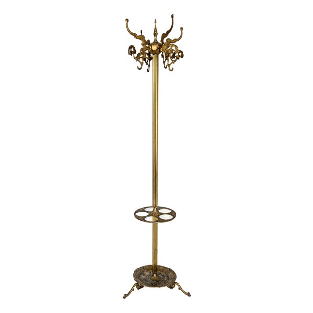 Vintage Italian Brass Hall Tree Coat Rack with Umbrella Stand, 1960s For Sale