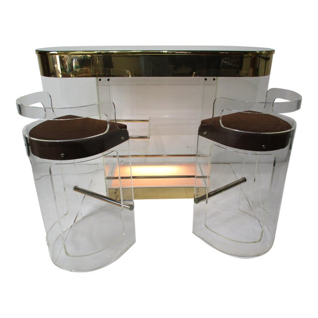 70's Charles Hollis Jones Styled Lucite Bar With Stools by Hill Manufacturing For Sale
