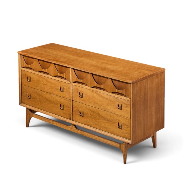 Brown Broyhill Brasilia Mid Century Walnut and Brass 6-Drawer Lowboy Dresser For Sale - Image 8 of 9