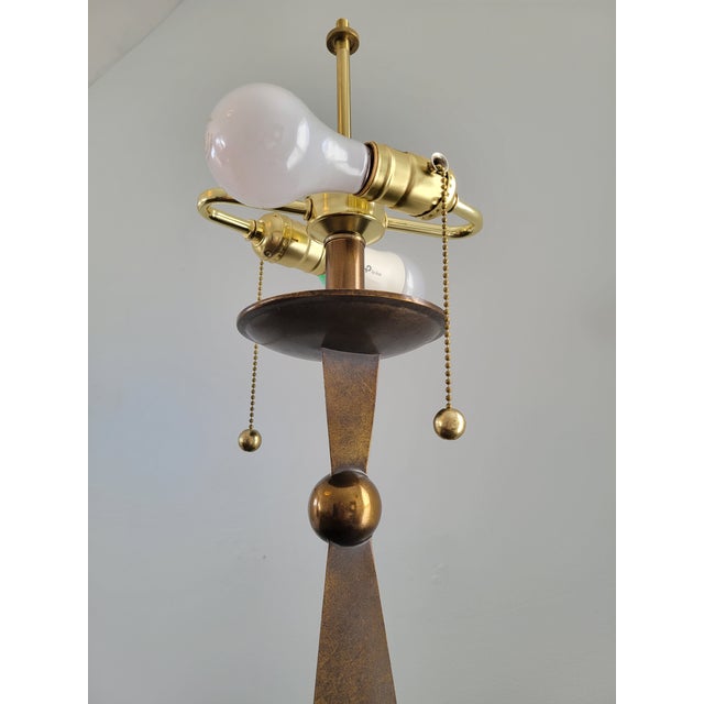 Mid 20th Century Mid 20th Century Modern Patinated Bronze Pyramid and Brass Sphere Lamp With Pleated Linen Shade For Sale - Image 5 of 10