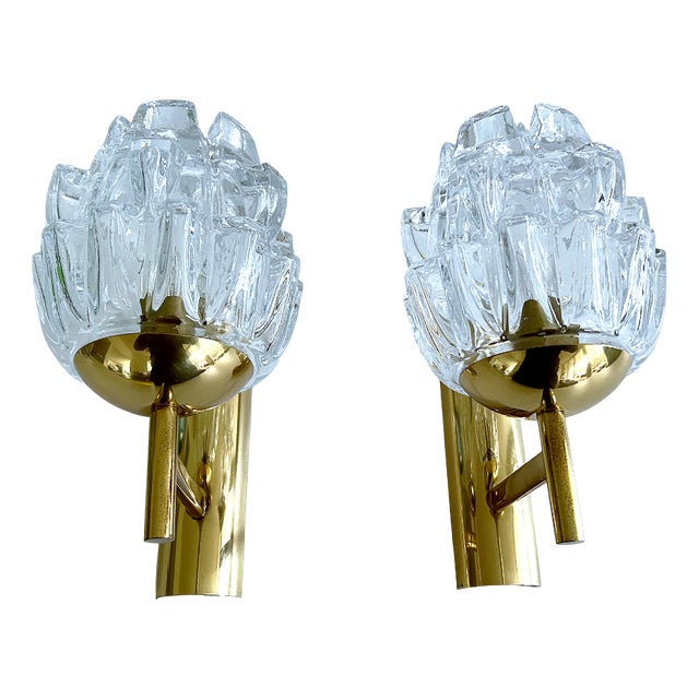 Vintage Glass and Brass Sconces from Fischer Leuchten, 1960s, Set of 2 For Sale