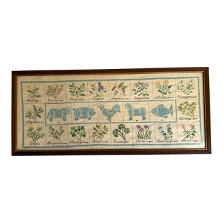 1930s Framed Handmade Needlework Sampler Featuring Herbs and Farm Animals For Sale
