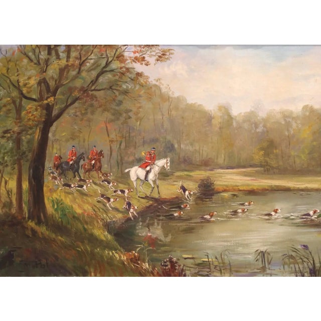 Early 20th Century Early 20th Century Mid-Century French Stag Hunt Oil Painting in Carved Frame Signed M. Pol For Sale - Image 5 of 11