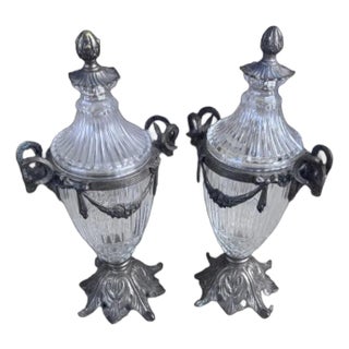 Antique French Crystal and Bronze Cassettes Urns With Ram's Head Handles - Pair For Sale