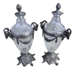 Antique French Crystal and Bronze Cassettes Urns With Ram's Head Handles - Pair
