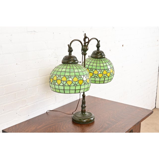 Mission Tiffany Studios Arts & Crafts Bronze Double Arm Student Lamp With Stained Leaded Glass Acorn Shades For Sale - Image 3 of 12