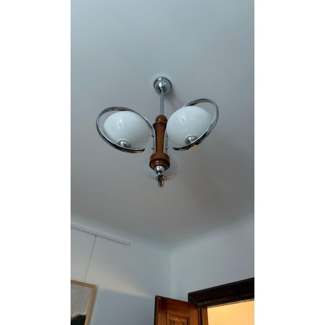 French Art Deco - streamline deco pendant made of glass, walnut wood and chrome plated metal , completely restored 1930's...