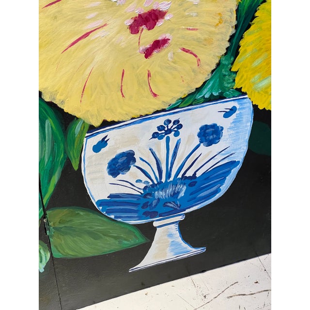 Ira Yeager Original Hand-Painted Folding Screen by Stacey Porter – Floral Still Life With Bird – Black Ground Decorative Panel For Sale - Image 4 of 12