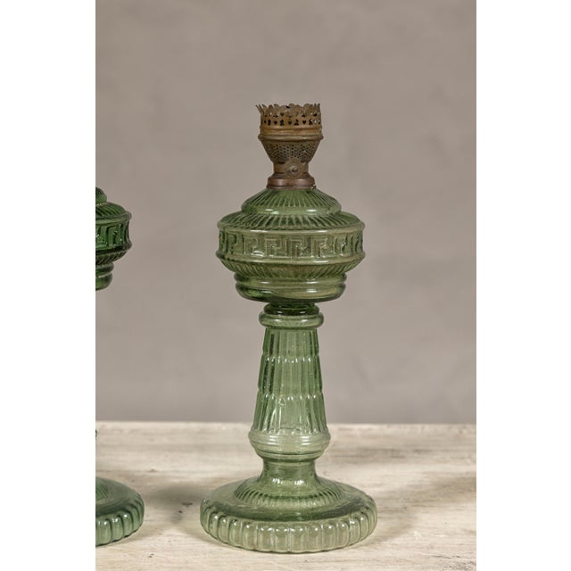 Green Glass Gas Lights with Meander Friezes, a Vintage Near Pair For Sale - Image 10 of 12