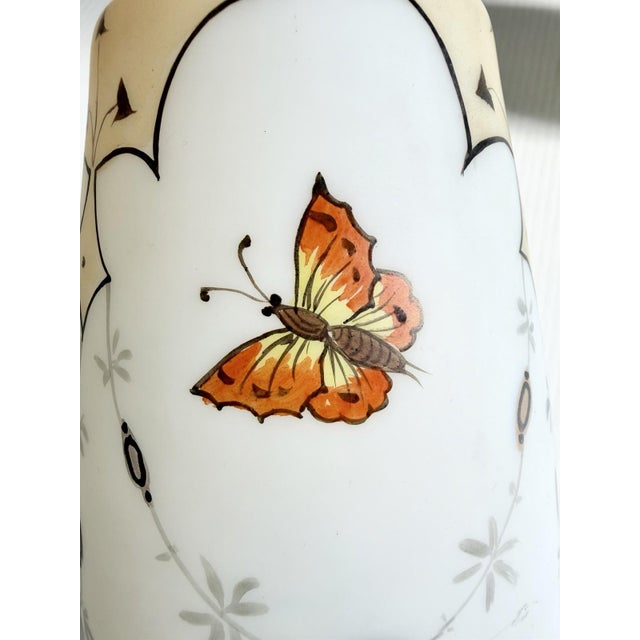 Matching Pair of Antique Bristol Glass Vases With Hand Painted Flowers & Butterflies For Sale - Image 10 of 17