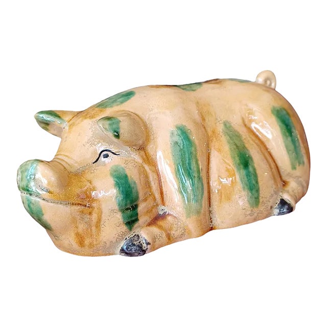Vintage Handpainted Ceramic Pig Sculpture For Sale