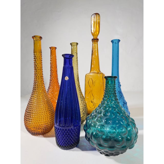 A Symphony of Saturated Light attributed to Empoli Genie Bottles, 1960s, Set of 7 For Sale - Image 4 of 13