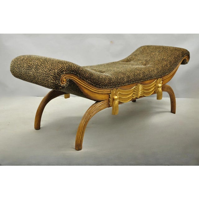 Vintage Italian Hollywood Regency Style Leopard Print Upholstered Rolled Arm Window Bench with Gold Gilt Carved Drape...
